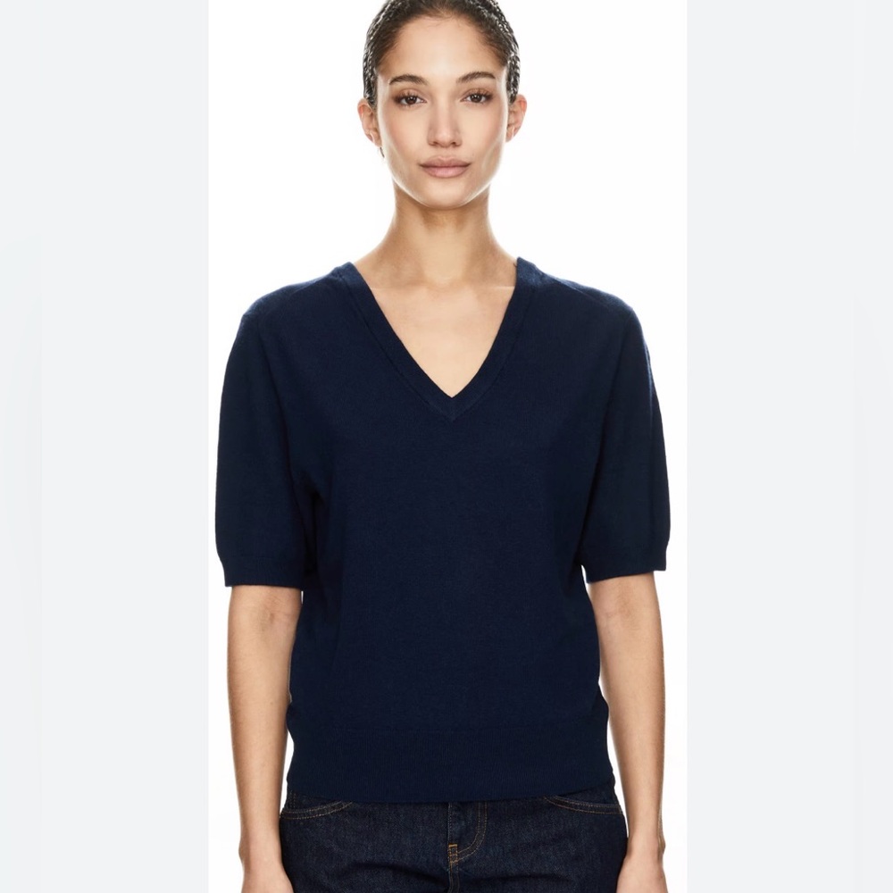 Vintage Thane 2 Ply Virgin Wool Navy Blue Short Sleeve V Neck Sweater Medium
